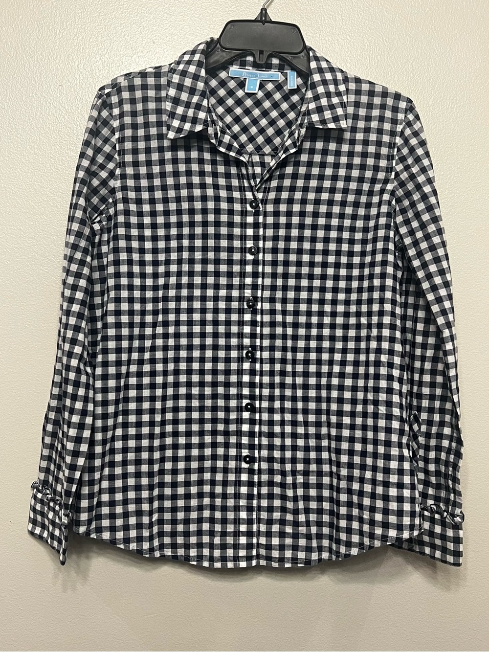 Draper James Navy White Gingham Button Down Shirt Ruffle Coastal Eurosummer